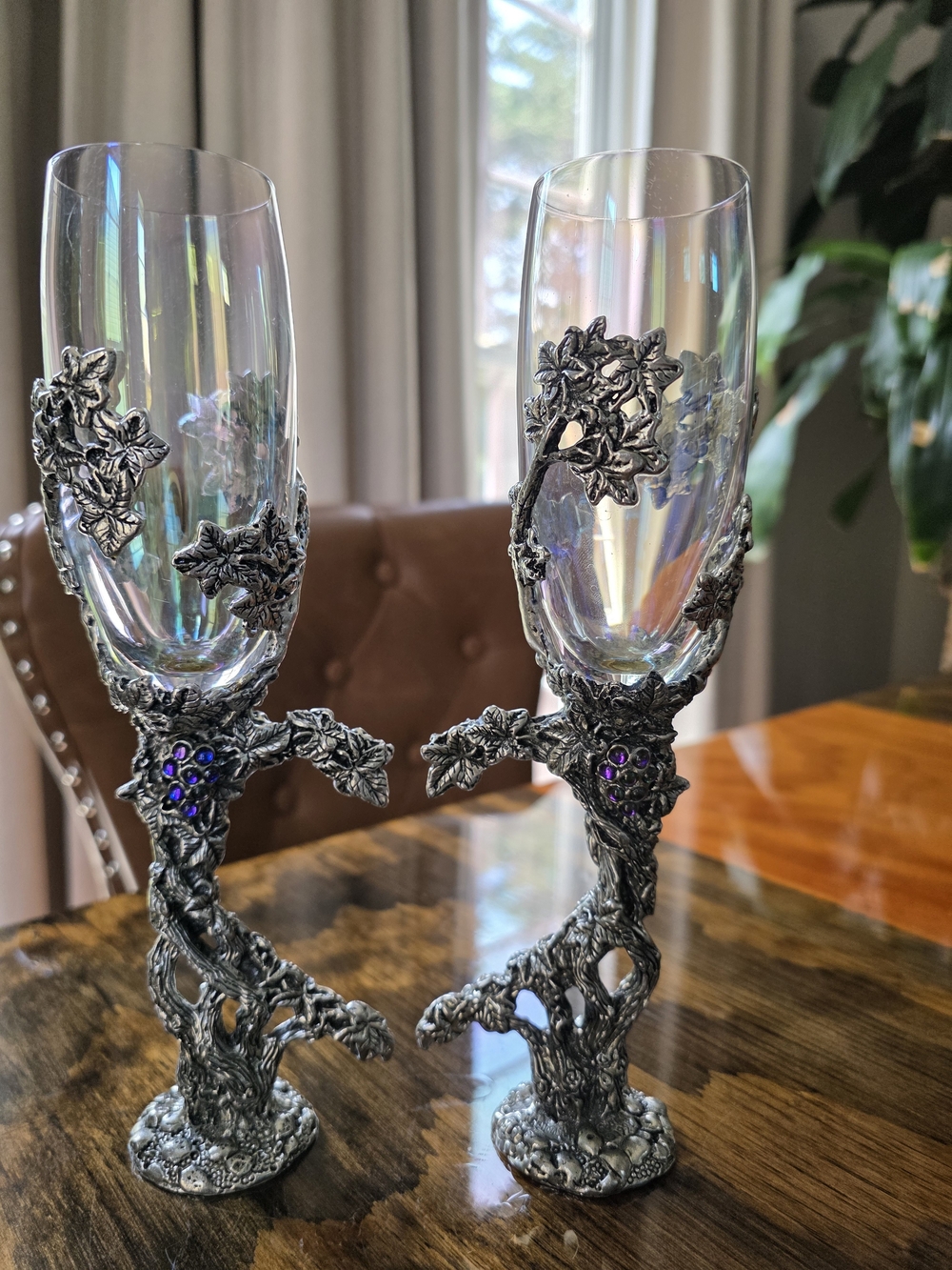 Ornate Tree-Branch Toasting Flutes with Iridescent Glass